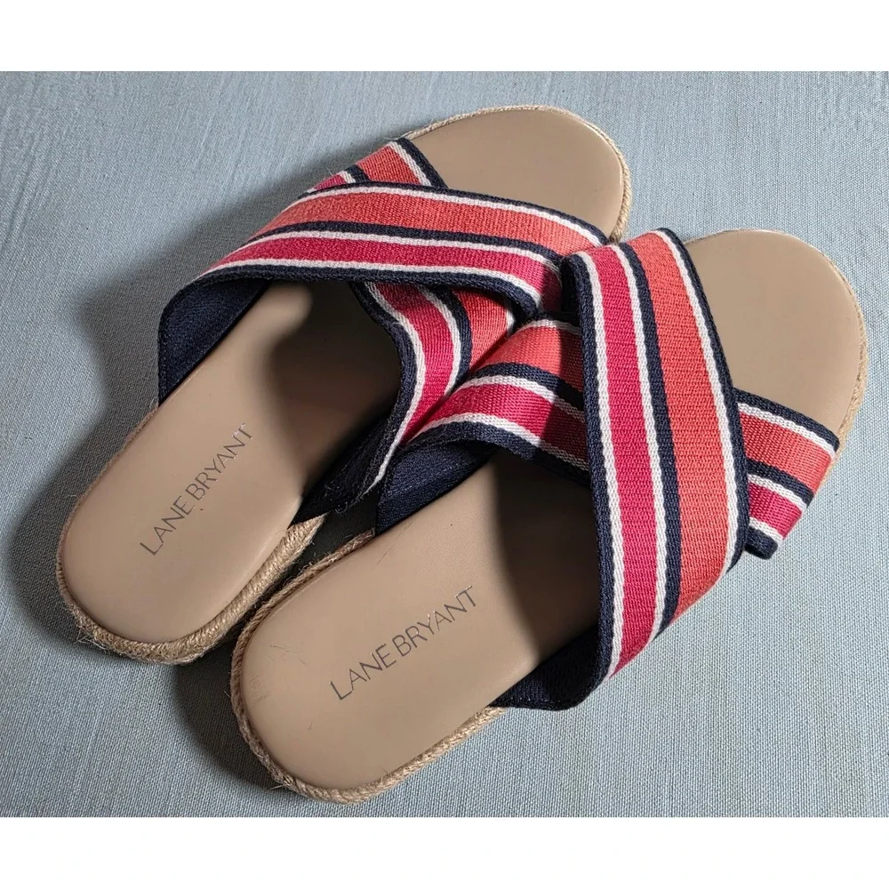 Lane Bryant Red White Blue Striped Espadrille Slide Sandals 8W 601251096